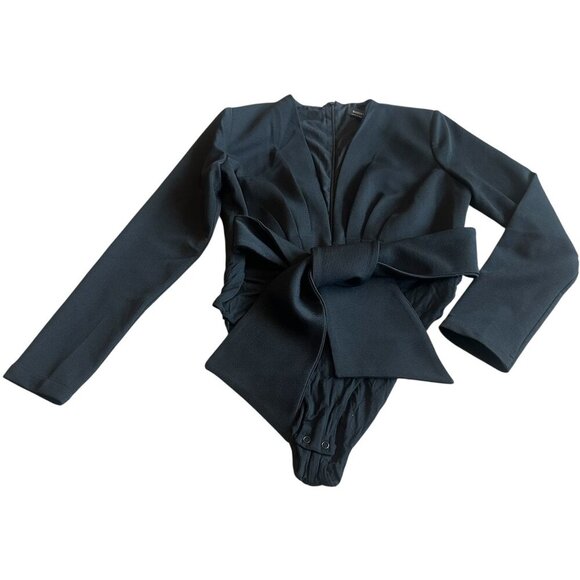 Bardot Anya Bodysuit Black Long Sleeve Knot Waist Deep Plunge Size 8 Medium - Picture 3 of 12
